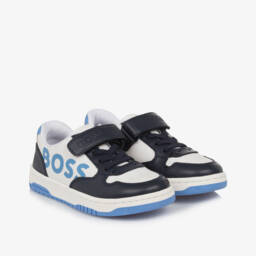 BOSS-Boys Blue Leather & Canvas Sneakers | Childrensalon Outlet