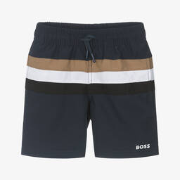 BOSS-Boys Blue Tricolour Stripe Swim Shorts | Childrensalon Outlet
