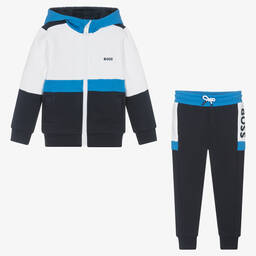 BOSS-Boys Blue & White Cotton Tracksuit | Childrensalon Outlet
