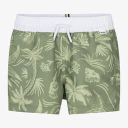 BOSS-Boys Green Tropical Print Swim Shorts | Childrensalon Outlet