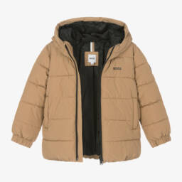 BOSS-Бежевая куртка-пуховик с капюшоном для мальчиков | Childrensalon Outlet