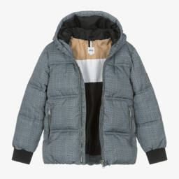 BOSS-Серая куртка-пуховик в клетку для мальчиков | Childrensalon Outlet