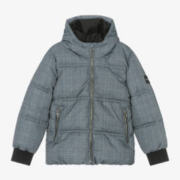 BOSS-Серая куртка-пуховик в клетку для мальчиков | Childrensalon Outlet