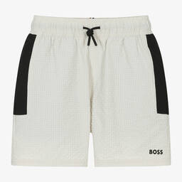 BOSS-Boys Ivory Textured Swim Shorts | Childrensalon Outlet