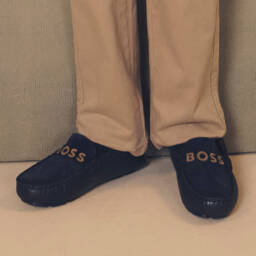 BOSS-Boys Leather Navy Loafers | Childrensalon Outlet