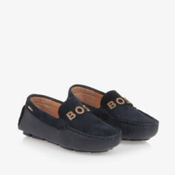 BOSS-Boys Leather Navy Loafers | Childrensalon Outlet
