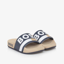 BOSS-Boys Navy & Beige Slide Sandals | Childrensalon Outlet
