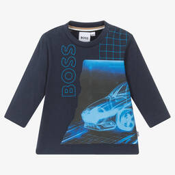 BOSS-Boys Navy Blue Cotton Car Print Top | Childrensalon Outlet