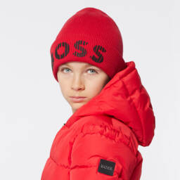 BOSS-Boys Red Cotton Knit Beanie | Childrensalon Outlet