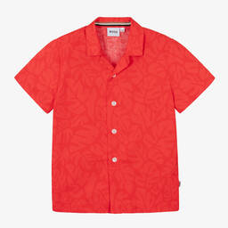 BOSS-Boys Red Cotton Leaf Print Shirt | Childrensalon Outlet