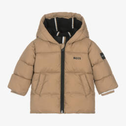 BOSS-Boys Taupe Hooded Down Jacket | Childrensalon Outlet