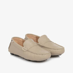 BOSS-Boys Taupe Leather Loafers | Childrensalon Outlet