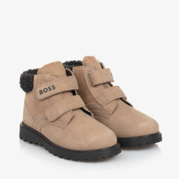 BOSS-Boys Taupe Leather Velcro Boots | Childrensalon Outlet