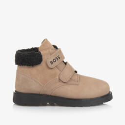 BOSS-Boys Taupe Leather Velcro Boots | Childrensalon Outlet
