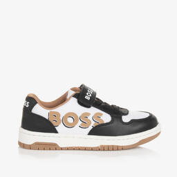 بوس-حذاء رياضي بشريط لاصق جلد وشبك لون أبيض وأسود | Childrensalon Outlet