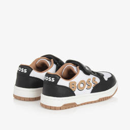 بوس-حذاء رياضي بشريط لاصق جلد وشبك لون أبيض وأسود | Childrensalon Outlet