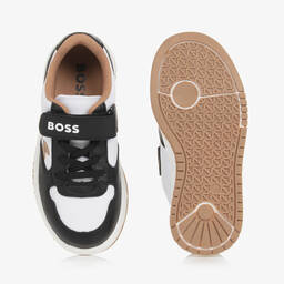 بوس-حذاء رياضي بشريط لاصق جلد وشبك لون أبيض وأسود | Childrensalon Outlet