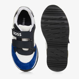 BOSS-Boys White & Blue Velcro Trainers | Childrensalon Outlet