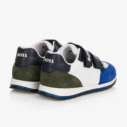 BOSS-Boys White & Blue Velcro Trainers | Childrensalon Outlet