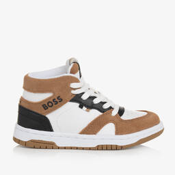 BOSS-Boys White & Brown High Top Trainers | Childrensalon Outlet