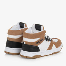 BOSS-Boys White & Brown High Top Trainers | Childrensalon Outlet