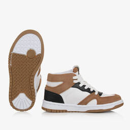 BOSS-Boys White & Brown High Top Trainers | Childrensalon Outlet