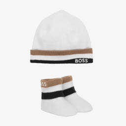 BOSS-Boys White Knit Hat and Booties | Childrensalon Outlet