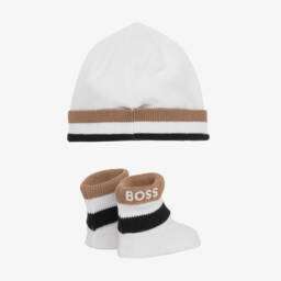 BOSS-Boys White Knit Hat and Booties | Childrensalon Outlet
