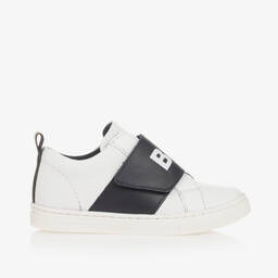 BOSS-Boys White Leather Velcro Trainers  | Childrensalon Outlet
