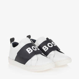 BOSS-Boys White Leather Velcro Trainers  | Childrensalon Outlet