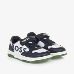 BOSS-Boys White & Navy Blue Velcro Trainers | Childrensalon Outlet
