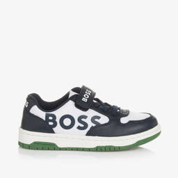 BOSS-Boys White & Navy Blue Velcro Trainers | Childrensalon Outlet