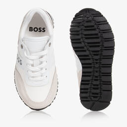 BOSS-Boys White Suede Leather Logo Trainers | Childrensalon Outlet