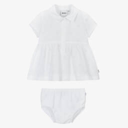BOSS-Girls Elegant White Monogrammed Dress | Childrensalon Outlet