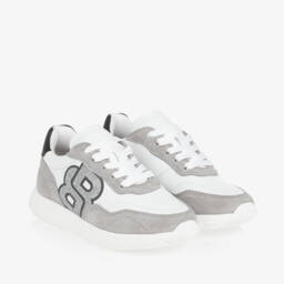 BOSS-Girls Monogram White & Grey Trainers | Childrensalon Outlet