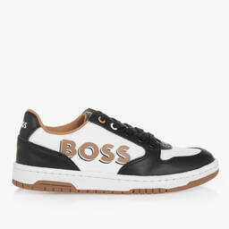 BOSS-Teen Boys Black & White Leather Lace-Up Trainers | Childrensalon Outlet