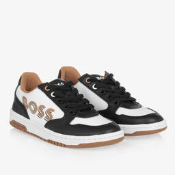 BOSS-Teen Boys Black & White Leather Lace-Up Trainers | Childrensalon Outlet