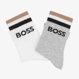 BOSS-Teen Boys Grey & White Cotton Socks (2 Pack) | Childrensalon Outlet