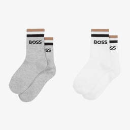 BOSS-Teen Boys Grey & White Cotton Socks (2 Pack) | Childrensalon Outlet