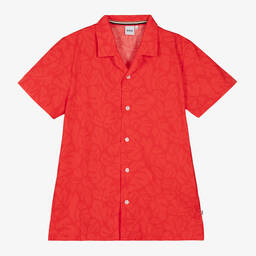 BOSS-Teen Boys Red Cotton Leaf Print Shirt | Childrensalon Outlet