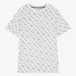 BOSS-تيشيرت بطبعة مونوغرام قطن لون أبيض للمراهقين | Childrensalon Outlet