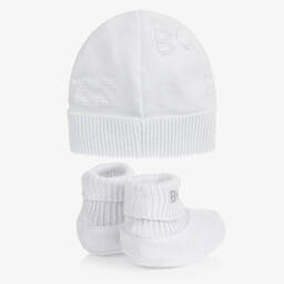 BOSS-White Knitted Hat & Booties Gift Set | Childrensalon Outlet