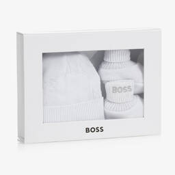 BOSS-White Knitted Hat & Booties Gift Set | Childrensalon Outlet