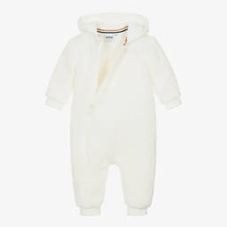 BOSS-White Teddy Fleece Hooded Pramsuit | Childrensalon Outlet