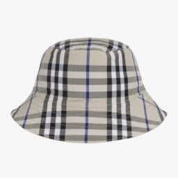 Burberry-قبعة باكيت بوجهين كاروهات لون بيج رمادي | Childrensalon Outlet