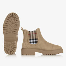 Burberry-Boys Beige Heritage Check Leather Boots | Childrensalon Outlet