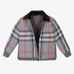 Burberry-Boys Charcoal Quilted Plaid Jacket | Childrensalon Outlet