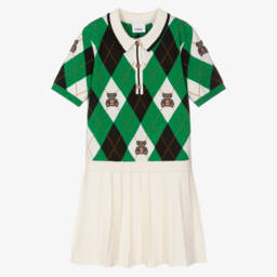 Burberry-فستان محبوك بنمط أرجيل أخضر للبنات | Childrensalon Outlet