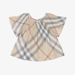 Burberry-Girls Beige Check Organic Cotton Blouse | Childrensalon Outlet