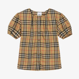 Burberry-Girls Beige Plaid Cotton Blouse | Childrensalon Outlet